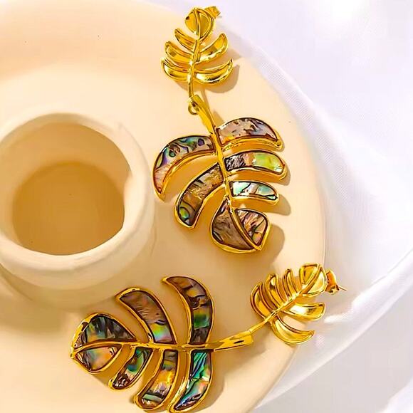 Boho Gold Iridescent Leaf Earrings Stainless Steel Gold Plated - Picture 3 of 11